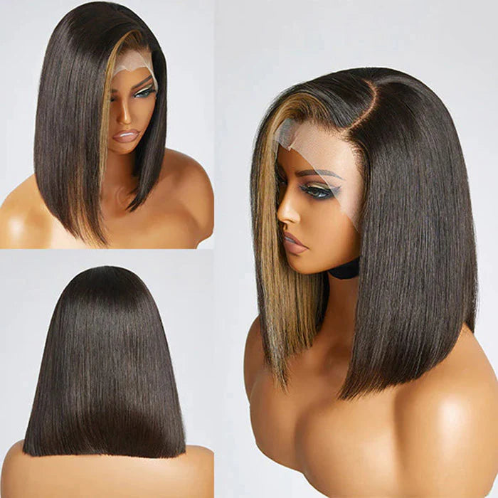 13x4 Frontal Lace C Part Short Bob Wig With Bangs Blonde Highlight #1B/27 Straight