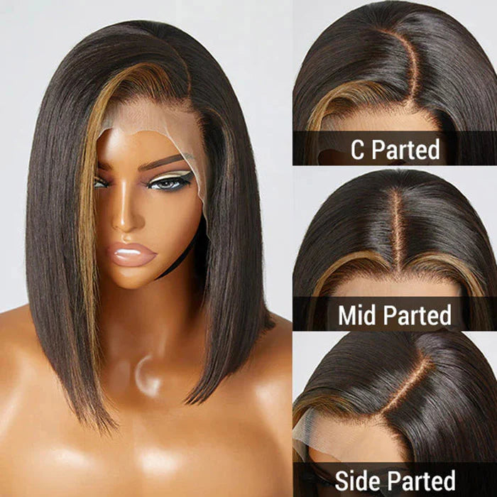 13x4 Frontal Lace C Part Short Bob Wig With Bangs Blonde Highlight #1B/27 Straight