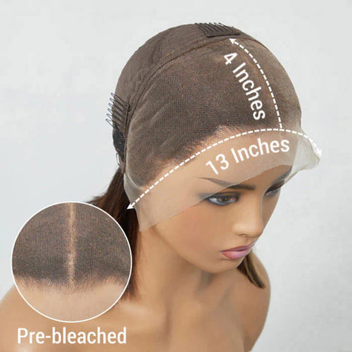 13x4 Frontal Lace C Part Short Bob Wig With Bangs Blonde Highlight #1B/27 Straight