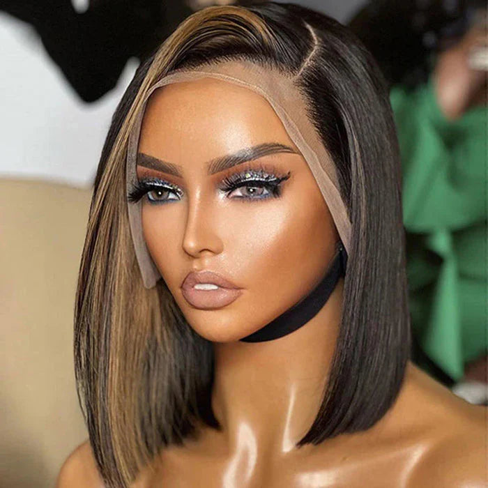 13x4 Frontal Lace C Part Short Bob Wig With Bangs Blonde Highlight #1B/27 Straight