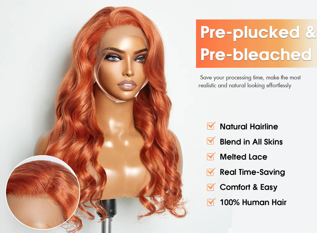 ✨ 150% Density 13x4 Pre-Plucked Free Part Lace Frontal Wig Body Wave 24 Inches Ginger✨