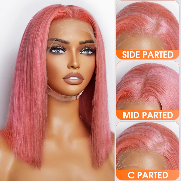 150% Density 13x4 Pre-Plucked Lace Frontal Bob Wig Straight - Pink