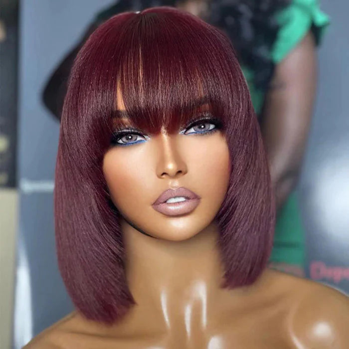 ✨ 150% Density 10 Inches Reddish Purple Layered Cut Lace Bob Wig With Bangs Yaki Straight #99J ✨