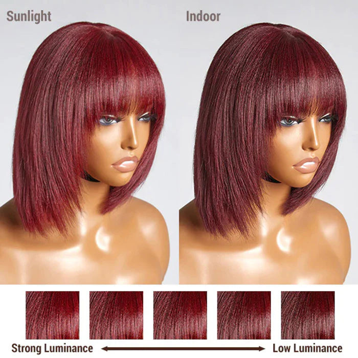 ✨ 150% Density 10 Inches Reddish Purple Layered Cut Lace Bob Wig With Bangs Yaki Straight #99J ✨