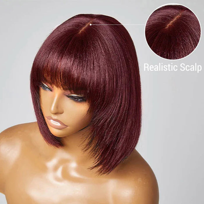 ✨ 150% Density 10 Inches Reddish Purple Layered Cut Lace Bob Wig With Bangs Yaki Straight #99J ✨