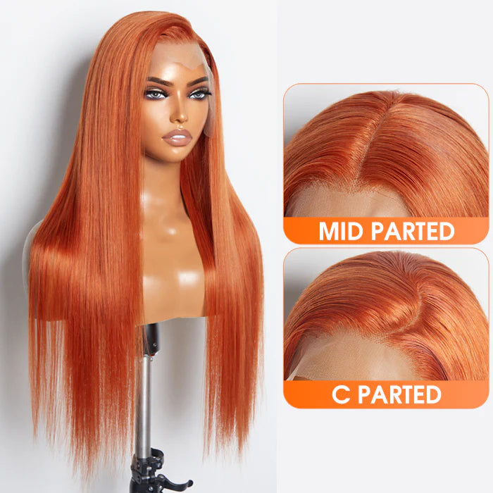 ✨ 150% Density 13x4 Pre-Plucked Free Part Transparent Lace Frontal Wig Straight Ginger ✨