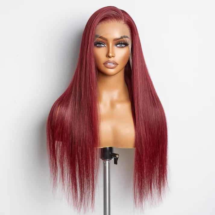 ✨ 150% Density 13x4 Pre-Plucked Free Part Lace Frontal Wig Straight Burgundy ✨